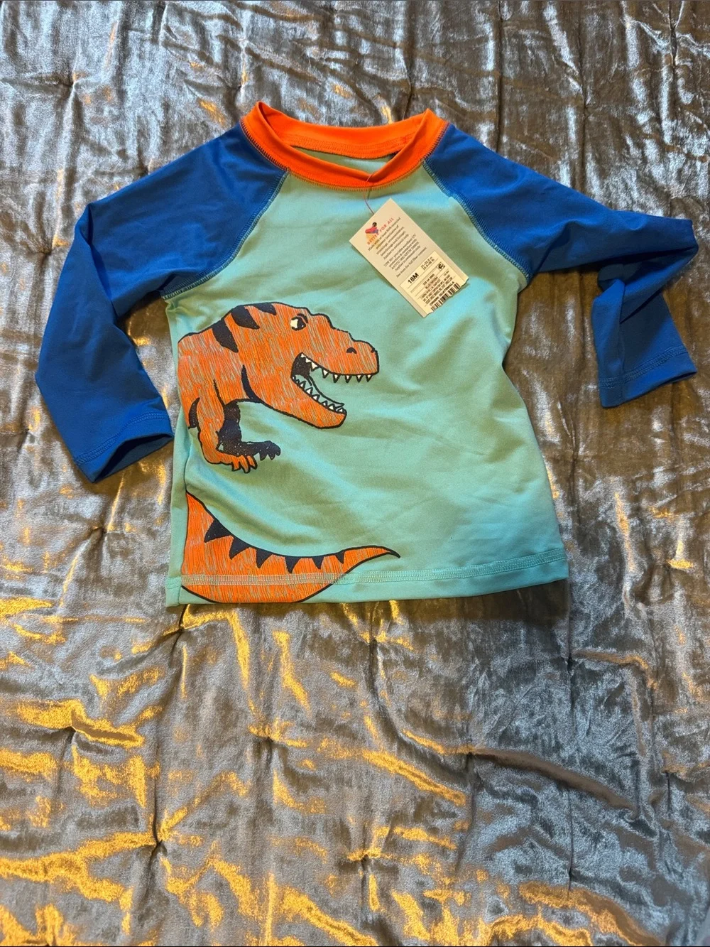 Kids Dino Rash Guard Swim Top - Blue, Aqua & Orange